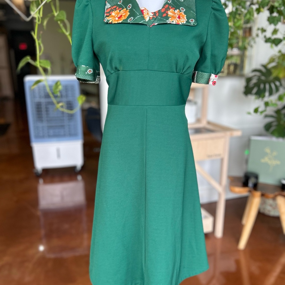 Vintage Handmade Elegant Green Dress with Floral Accents